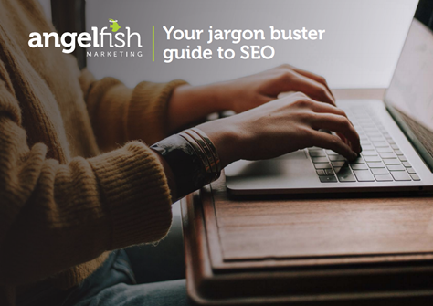 Side view of hands on laptop with the caption "Your jargon buster guide to SEO" and the Angelfish Marketing logo displayed