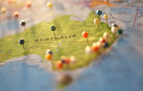 A map of Australia with marker pins to represent content marketing metrics