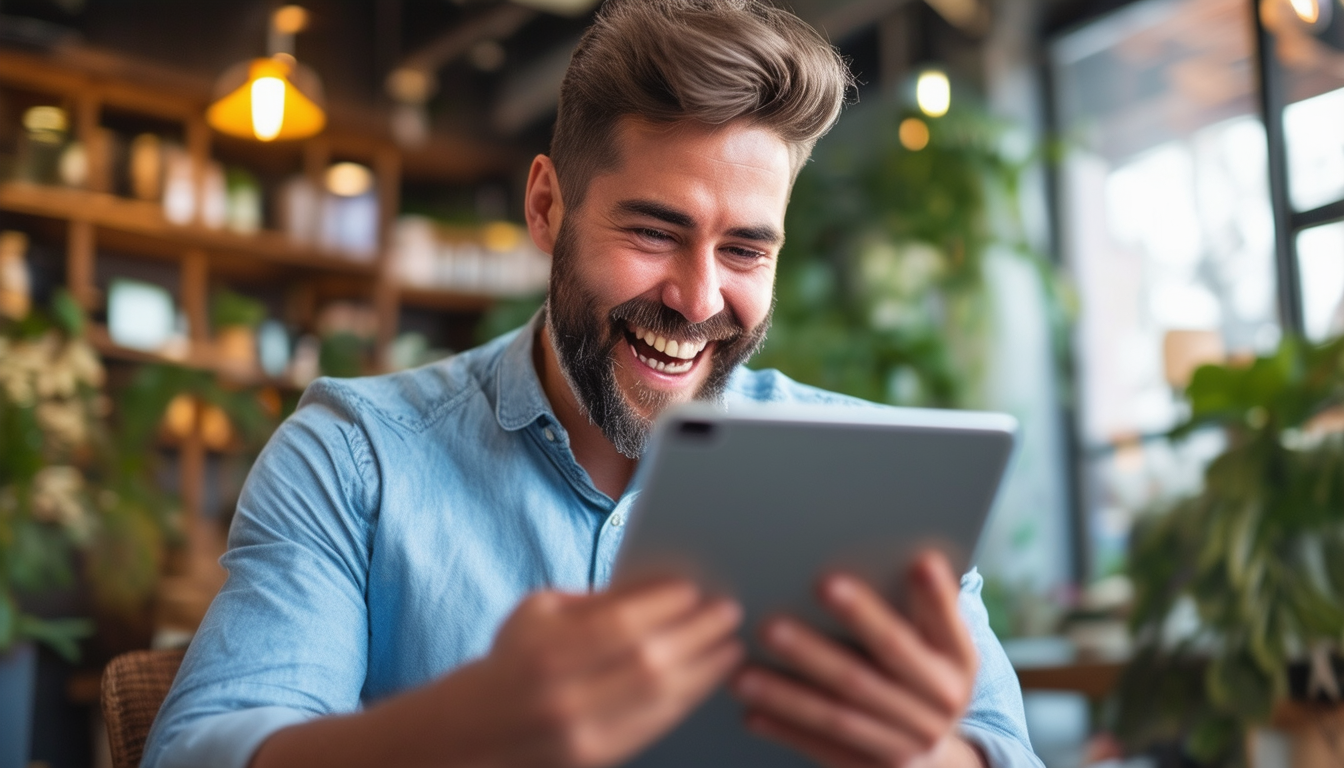 A business owner happily reading positive reviews 