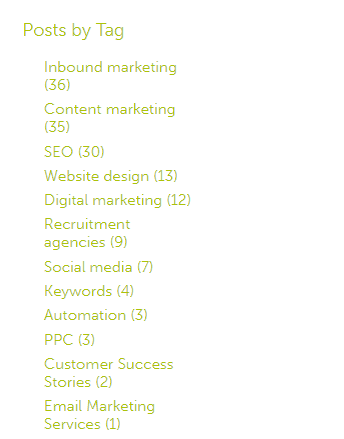 Screenshot of "Posts by tag" in the Angelfish Marketing blog, demonstrating blog tagging as part of content optimisation